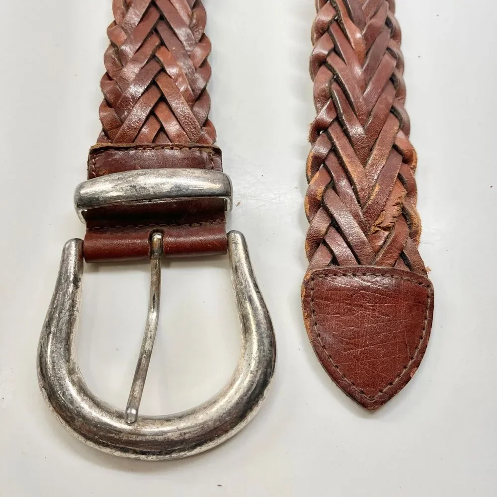 Vintage Express Brown Braided Leather Belt Size S Womens Weave Boho Wide